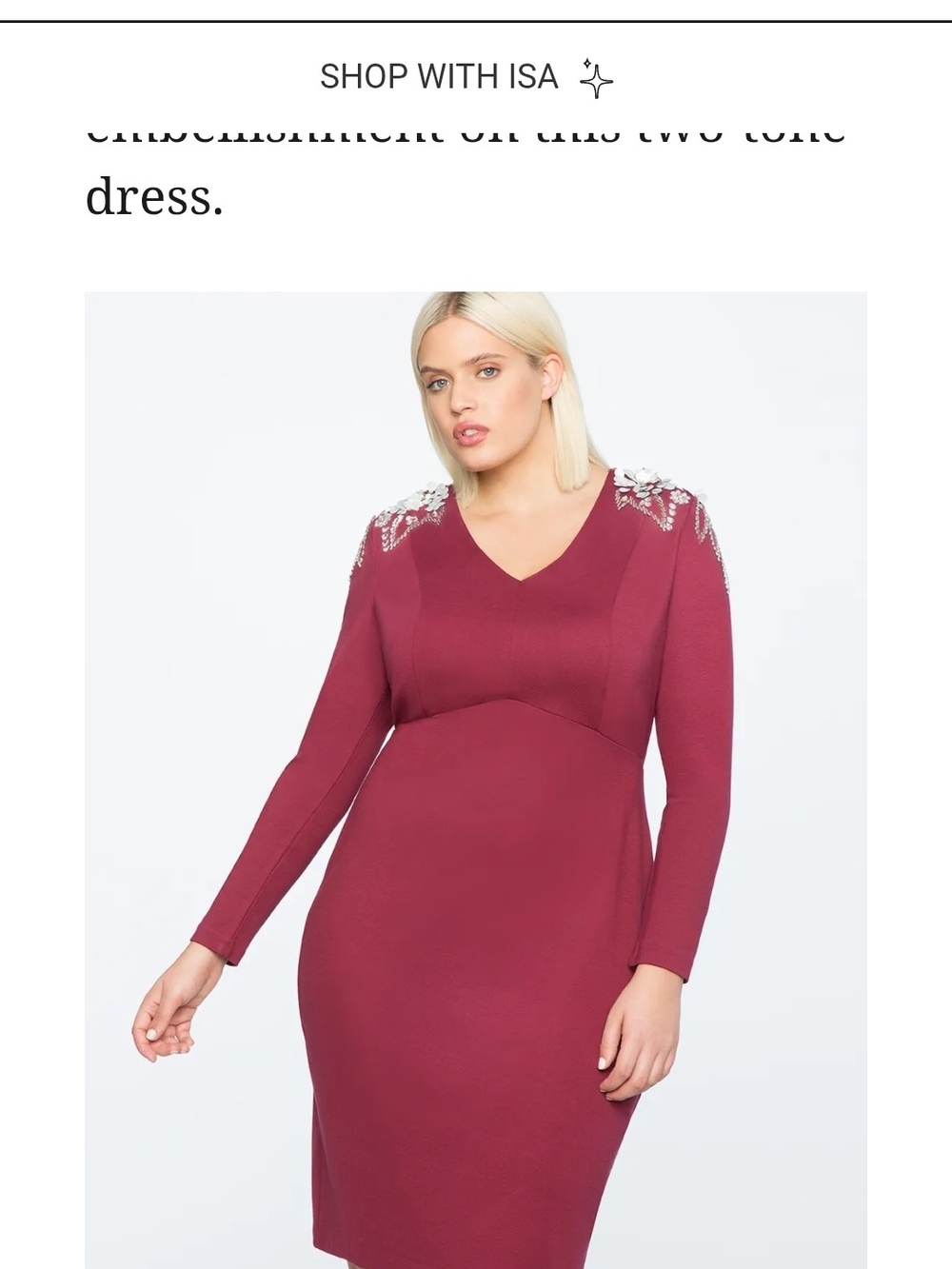 Eloquii Burgundy Long Sleeve Sheath Dress with Shoulder Crystals